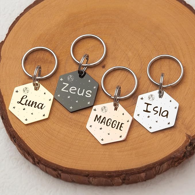 Anavia Small Size Dog Cat ID Tags, Small/XS Personalized Color Plated Stainless Steel Puppy Kitten Name Tags, Customized Engraved Nameplate Pet Collar Tag (Blue, Hexagon)