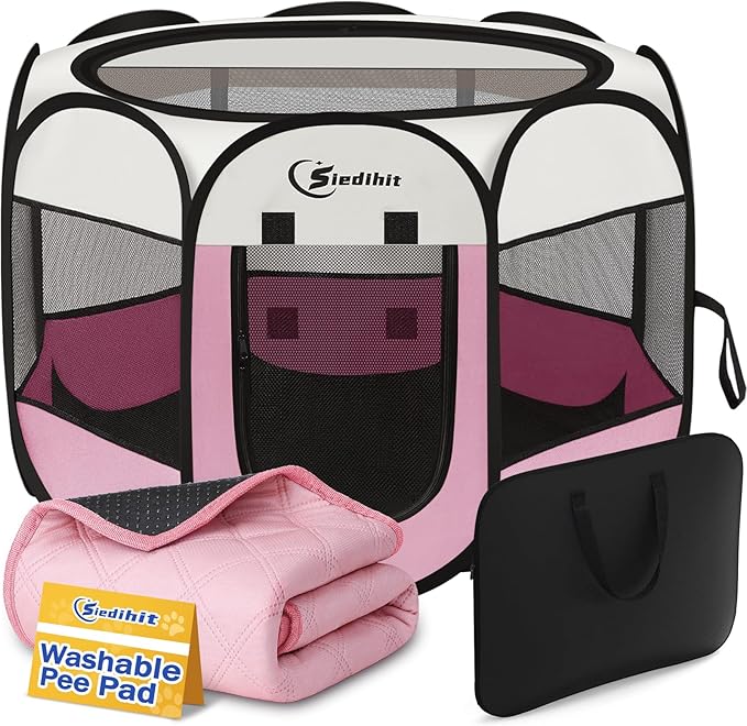Dog Playpen, Large Puppy Pet Playpen, Dog Crate Tent Cage Indoor/Outdoor, Portable Pop Up Dogs Kennel Playpen with Carrying Case for Dogs/Cats/Rabbitss, Black