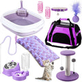 Eccliy Kitten Starter Kit, 10 Pcs Cat Starter Kit for Indoor Cats Kitten Essentials Includes Litter Box, Pet Toy, Folding Carrier, Climbing Frame, Mat, Collar, Automatic Food Bow(Cute,Purple)