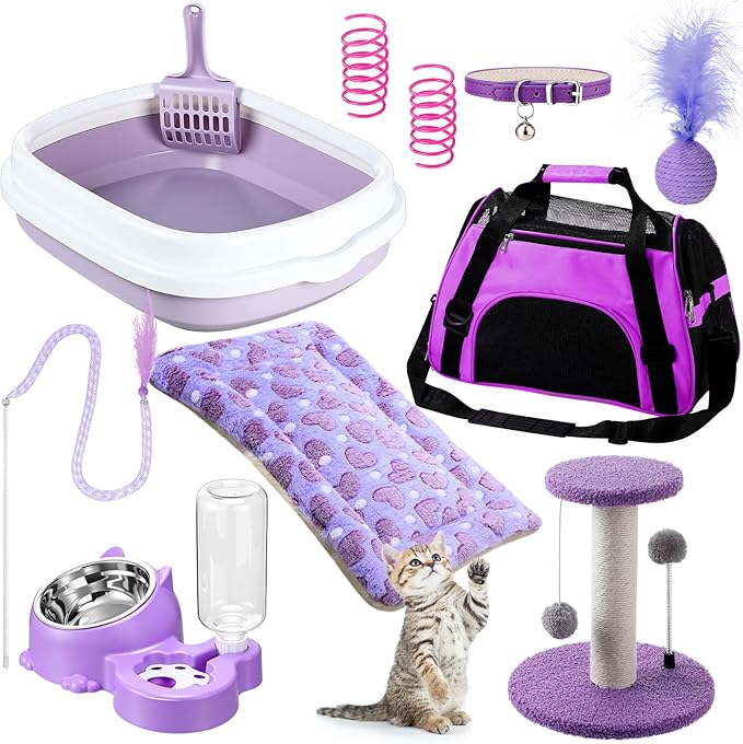 Eccliy Kitten Starter Kit, 10 Pcs Cat Starter Kit for Indoor Cats Kitten Essentials Includes Litter Box, Pet Toy, Folding Carrier, Climbing Frame, Mat, Collar, Automatic Food Bow(Cute,Purple)