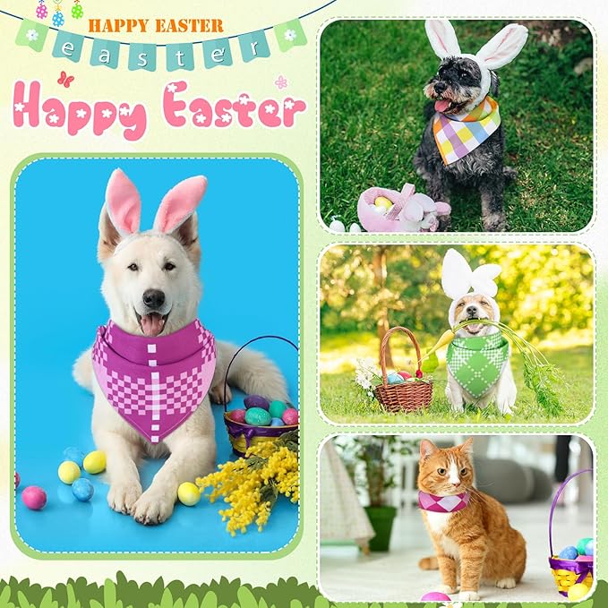 Sweetude 60 Pcs Easter Plaid Dog Bandanas Bulk Easter Pet Scarf Bibs Adjustable Washable Kerchief Holiday Pet Costume Accessories Grooming Supplies for Small to Large Cats Dogs
