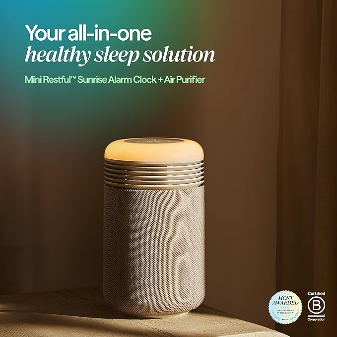 BLUEAIR Purifier for Bedroom - Mini Restful - Sunrise Clock with HEPASilent Filtration and Wake Up Light - Cleans Air and Supports Circadian Rhythm - USB-C and App Connectivity, Beige