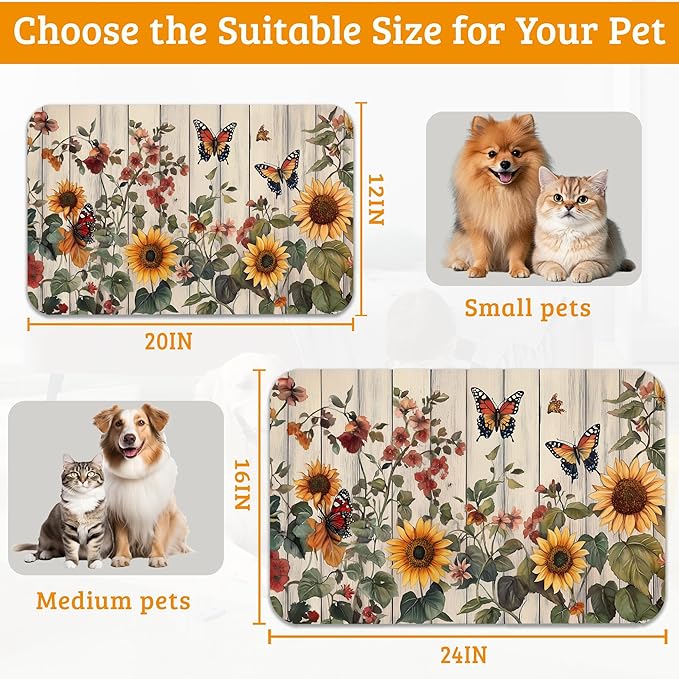 Pet Feeding Mat,Vintage Flower Absorbent Dog Cat Food Mat Rustic Wooden Dog Mat with Rubber Backing,Non-Slip Water Bowl Placemat,Pet Supplies 16" x 24"