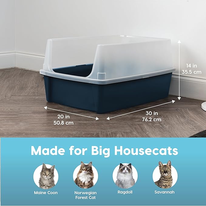 IRIS USA XX-Large Cat Litter Box, Open Top Extra Large Litter Box for Big Cats and Multi-Cat Households, High Sided Scatter Shield, Easy to Clean, 30"L x 20"W x 14"H, Navy
