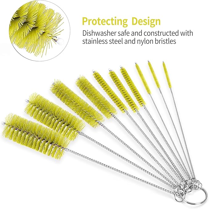CiaraQ Bottle Cleaning Brushes, 8 Inch Nylon Tube Brush Set, Cleaner for Narrow Neck Bottles Cups with Hook, Set of 10pcs.