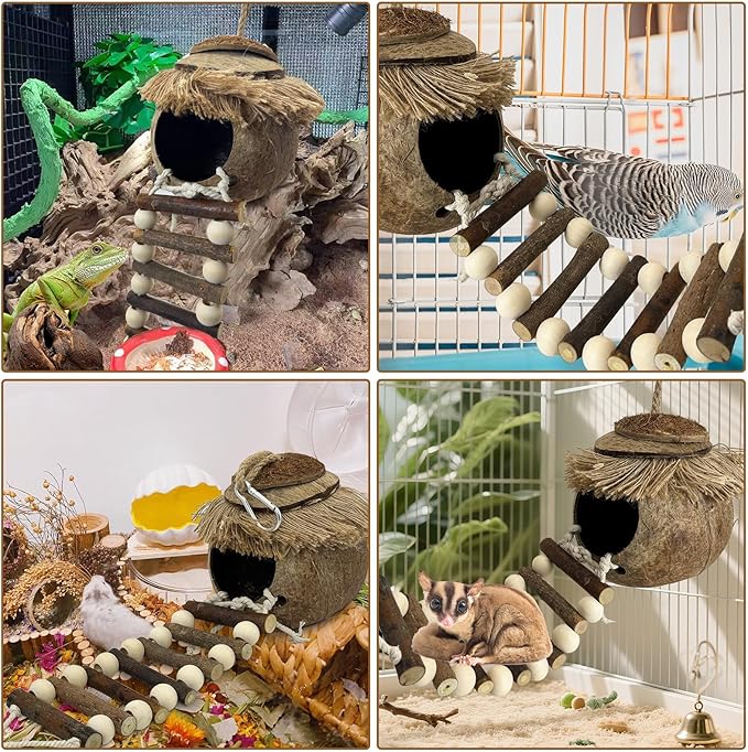 PINVNBY Hanging Coconut Bird Nest Hut with Ladder, Natural Coconut Hide Lovebird House Fruit Wood Bird Swing for Parakeet Cockatiel Budgie Conure Canary Finch Budgies