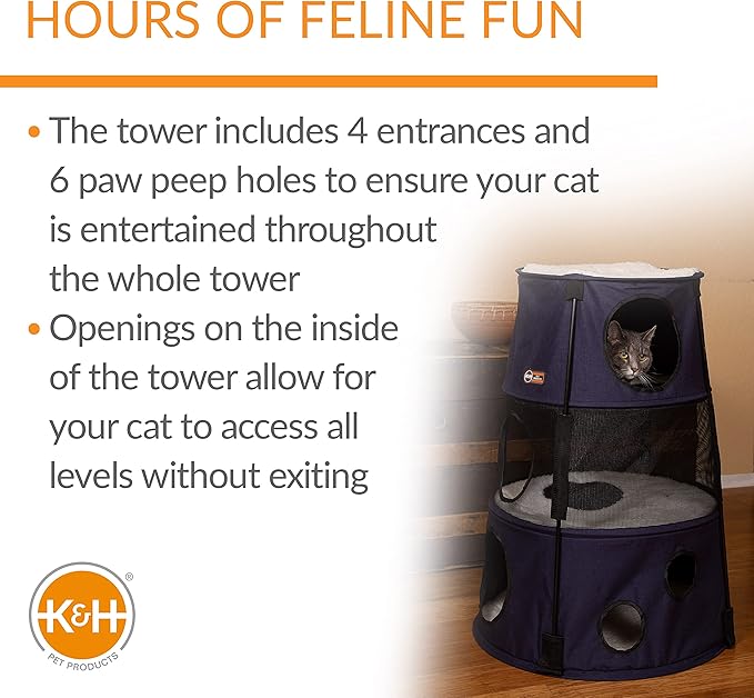 K&H Pet Products Cat Tower Tree Condo for Multiple Large Indoor Cats, Modern Cute Multi-Level Hammock Bed, Kitten & Adult House Activity Cave Large Cozy Hideaway - 3 Level Denim 22 X 30in