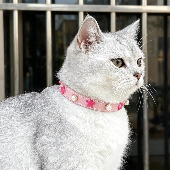 EXPAWLORER Leather Cat Collar for Girl Boy- Adjustable Pet Collar with Safety Elastic Belt,Personalized Star & Pearl Accessories Buckle Collars with Bell & Durable D-Ring,Pentagram (Pink)