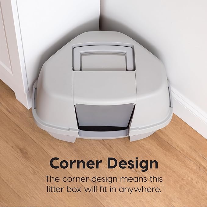 IRIS USA Corner Cat Litter Box Enclosed with Scoop - Privacy and Easy Access for Cleaning, Odor Defensive Hooded Litter Tray, Sturdy Stain Resisting Plastic, Fits in Most Corners, Gray