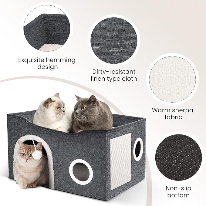 Heeyoo Cat House for Indoor Cats - Large Cat Bed Cave with Fluffy Ball and Scratch Pad, Foldable Cats Houses & Condos, Cat Hideaway, Covered Kitty Bed for Multi Small Large Kitty, 23.8x15.9x13.2 Inch