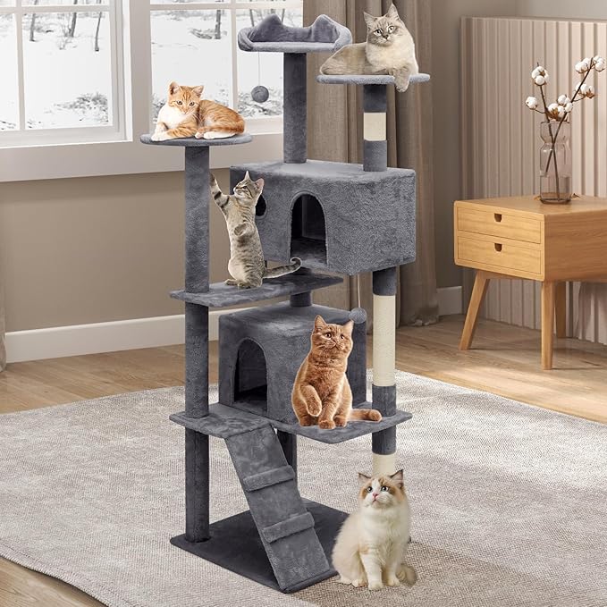 Athena Collection Cat Climbing Tree - 70 Inch Indoor Cat Activity Center with Multi-Levels, Cat Condo, Scratching Post, Dangling Ball, Dark Gray