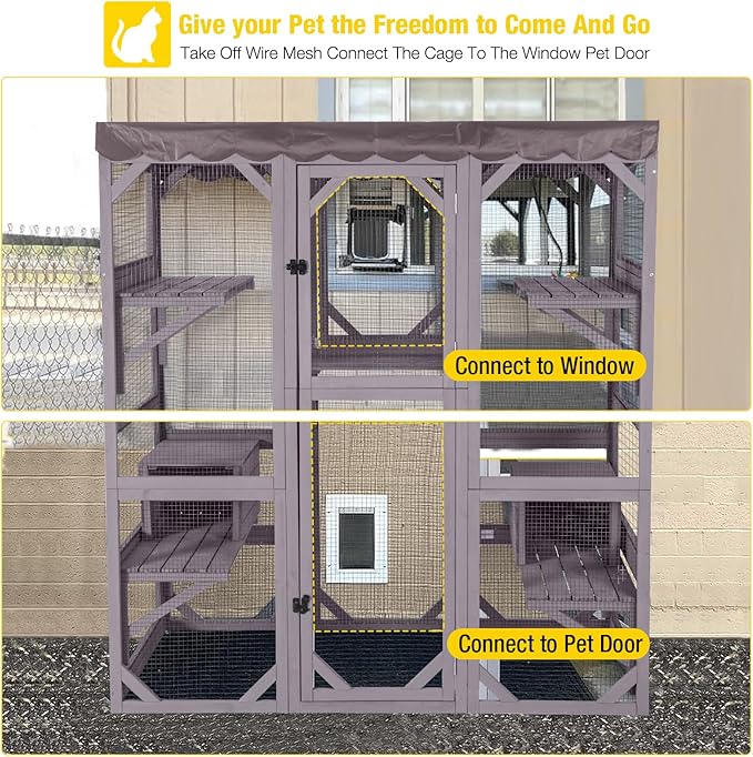 Aivituvin Catio Outdoor Cat Enclosure with 7 Platforms, 2 Resting Boxes, Large Window Cat House for 4-6 Mulitiple Cats Walk in Kitty Cage with Weatherproof Tarp Roof 70"