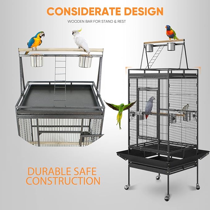 SUPER DEAL 68-inch Large Bird Cage with Rolling Stand African Grey Parrot Chinchilla Finch Cage Conure Cockatiel Cockatoo Pet House Wrought Iron Birdcage, Black