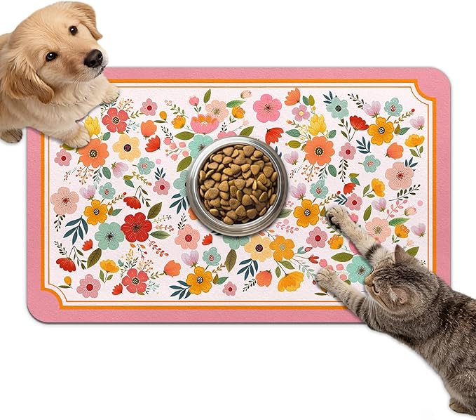 Dog Food Mat for Bowls, Absorbent Quick Dry Dog Cat Mats for Food and Water, Non-Slip Backing Pet Mat Pet Supplies - Pink Floral Pattern