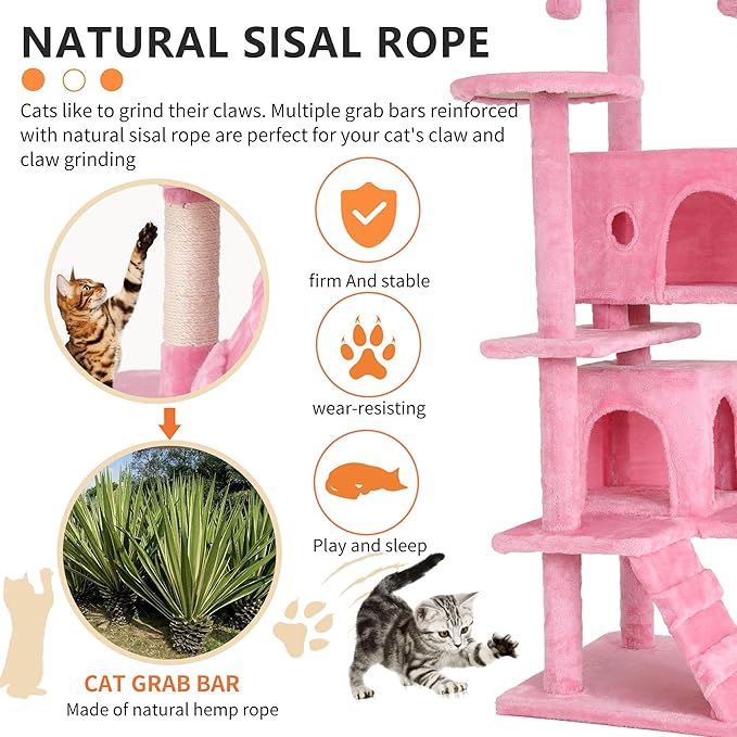BestPet | 54" Cat Tree Tower | Pink | Sturdy, Easy to Assemble, Multi-Level Activity Center with Sisal Scratching Posts, Condos, Perches, Hanging Cat Toys, Observation Decks & Ladder