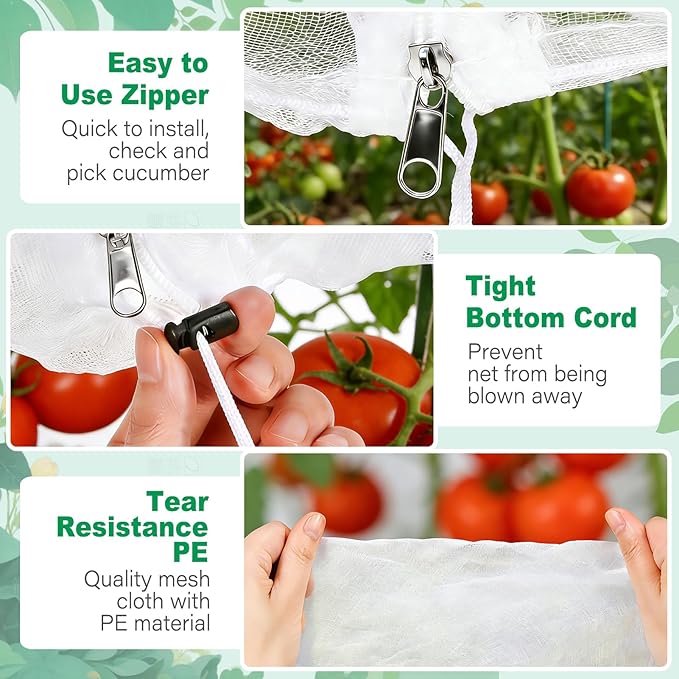 3 Pack Garden Bird Netting Plant Cover for Triangle Tomato Cage, 48"x13" Insect Bird Barrier Tomato Cage Net with Zipper & Drawstring, Tomato Trellis Netting Protection Cover for Protecting Plants