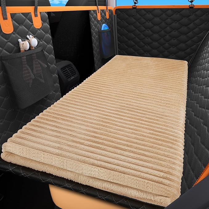 FURTIME Backseat Pet Bed Mat, Non-Slip Dog Bed for Car Back Seat, Washable Travel Pet Mat with Removable Cover, Dog Seat Covers Protector Fit for Backseat Extenders and Trucks SUVs, 54"x 24.8", Brown