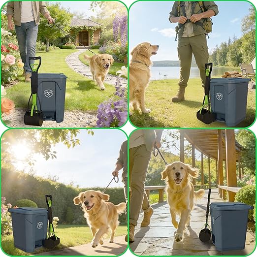 Dog Poop Outdoor Trash Can with Lid 20L/5Gal - Pedal & Removable Inner Bin, 200 Waste Bags + 1 Green Long Handle Pooper Scooper