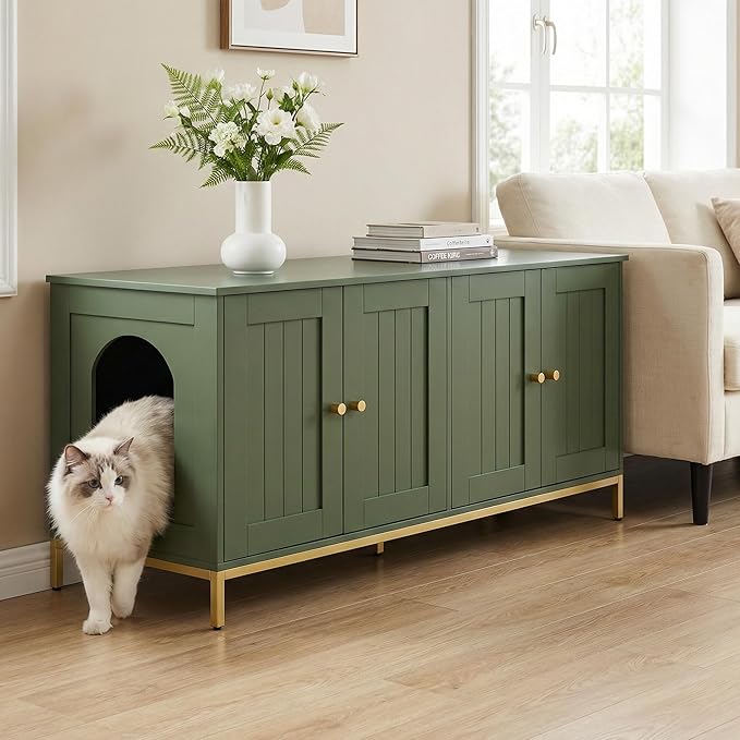 Homhedy Cat Litter Box Enclosure for 2 Cats, Litter Box Furniture Hidden with Double Room, Cat House, 47.2”L x 17.7”W x 21.7”H, Green and Gold