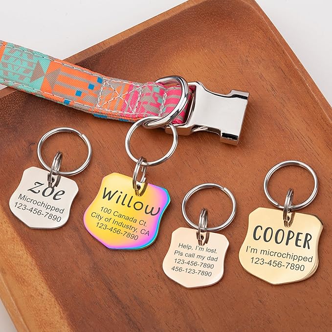 Anavia Personalized Pet ID Tags, Stainless Steel Glossy Laser Engraved Dog Cat Collar Name Tags, Multiple Colors Shapes Sizes (Badge, Small)