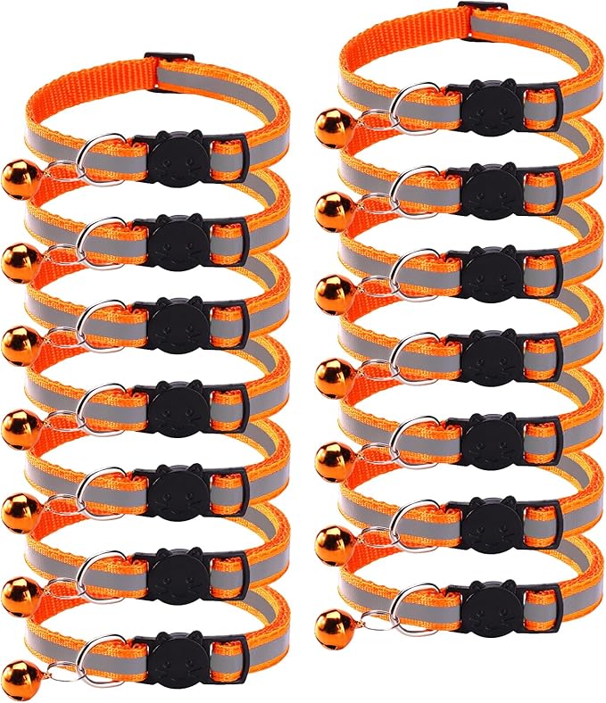 14 Pack Breakaway Cat Collar with Bell, Reflective Kitten Collar for Girl Boy Cats, Safety Buckle Adjustable 7.5-12.5 Inch, 0.4 Inch Width Lightweight, Pet Gifts (Orange)