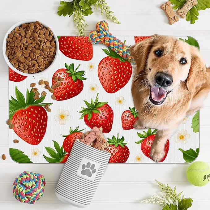 Cute Strawberry Flower Dog Cat Food Mat,Absorbent Pet Feeding Mat with Rubber Backing,Non-Slip Water Bowl Placemat,Indoor Pet Accessories Supplies 16"x24"