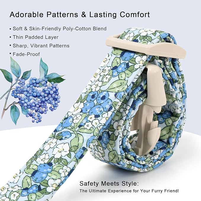 Blueberry Pattern Dog Collar, Cute Light Blue Spring Summer Puppy Collar - Soft Adjustable Designer Dog Collars for Small Medium Large Dogs XS