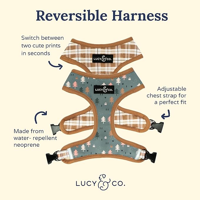Lucy & Co. Take a Hike Reversible Dog Harness - Best Designer Pet Harnesses for XS - XL Dogs - Padded Adjustable Vest for Easy Walking (X-Small, Neutral Brown Plaid with Blue Trees)