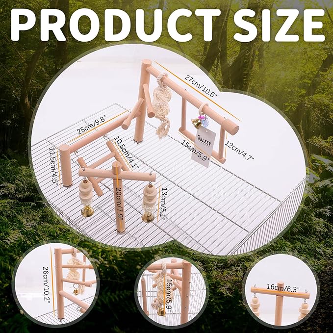 QBLEEV Bird Cage Play Stand Toy Set-Birdcage Wood Stands Hanging Chew Toys Ladder Swing Parrot Perch Play Gym Playground Accessories Activity Center for Conure, Parakeets, Budgie, Cockatiels,Lovebirds
