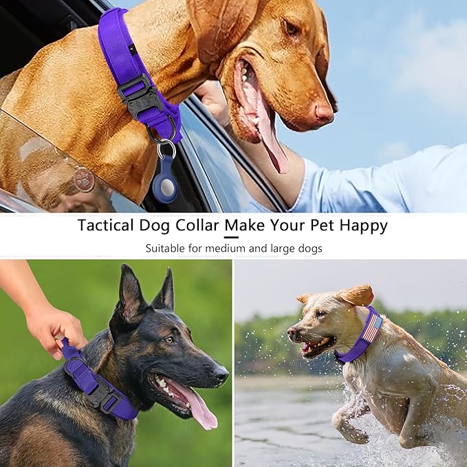 DAGANXI Tactical Dog Collar, Adjustable Military Training Nylon Dog Collar with Control Handle and Heavy Metal Buckle for Medium and Large Dogs, with Patches and Airtags Case (Purple, M)