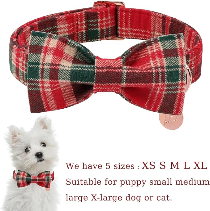 Christmas Plaid Dog Collar with Bow Tie– Adjustable Red & Green Checkered Dog Collar for Small Medium Large Dogs, Soft Xmas Plaid Puppy Collars with Quick Release Buckle XS