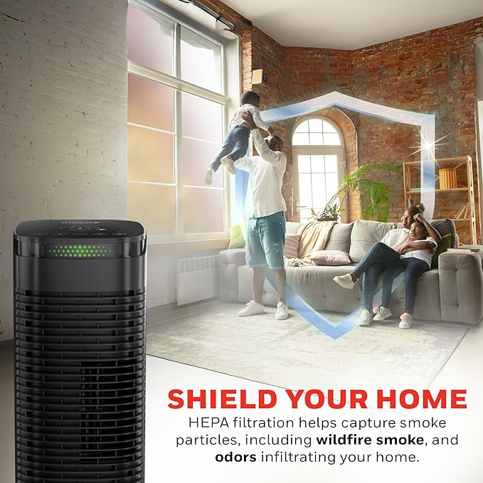 Honeywell HEPA Air Purifier for Home, 990 Ft² Rooms in 1 hour, HEPA Filter, Auto Mode, Air Quality Indicator, Reduces Allergens, Dust, Pollen, Pet Dander, All Smoke Types, Odors, Black, HPA180
