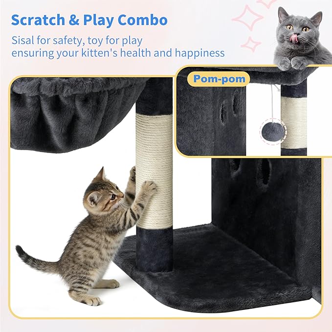 Heybly Cat Tree, 25.6-inch Cat Tower with Spacious Top Perch for Large Cats, Stair-Style Cat House Furniture with Dual-Layer Condos, Sisal Scratching Posts, Cozy Basket & Pompom, Smoky Gray HCT204SG