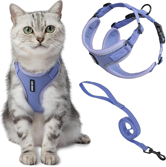Voyager Escape-Proof Step-in Lock Cat Harness & 5ft Neoprene-Handle Leash Set All-Weather Mesh with Reflective Stitching for Small to Large Cats by Best Pet Supplies, Lavender (327), XXS