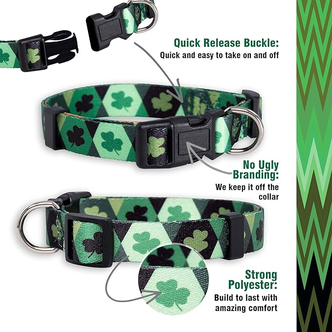 Native Pup St Patricks Dog Collar- Saint Patrick Green Shamrock Pet Collars- St. Patrick’s Lucky Irish- Cute Boy Girl Puppy Gift- Adjustable for Small, Medium, Large Breeds (Argyle, Medium)
