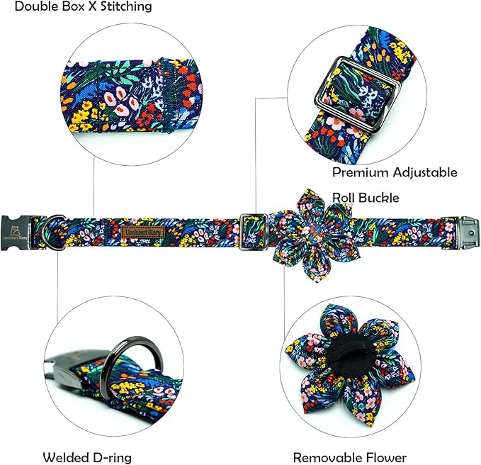 Lionheart Glory Floral Dog Bow Collar - Dark Blue, Adjustable, Durable for Small Dogs