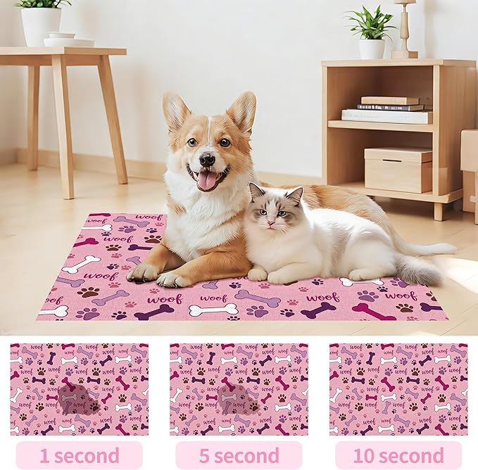 Dog Feeding Mat 24 x 16 Inch, Pink Paw Bone Woof Dog Placemat Absorbent Quick-Dry for Food and Water, Waterproof Non Slip Rubber Pet Bowl Pad Mat for Floors