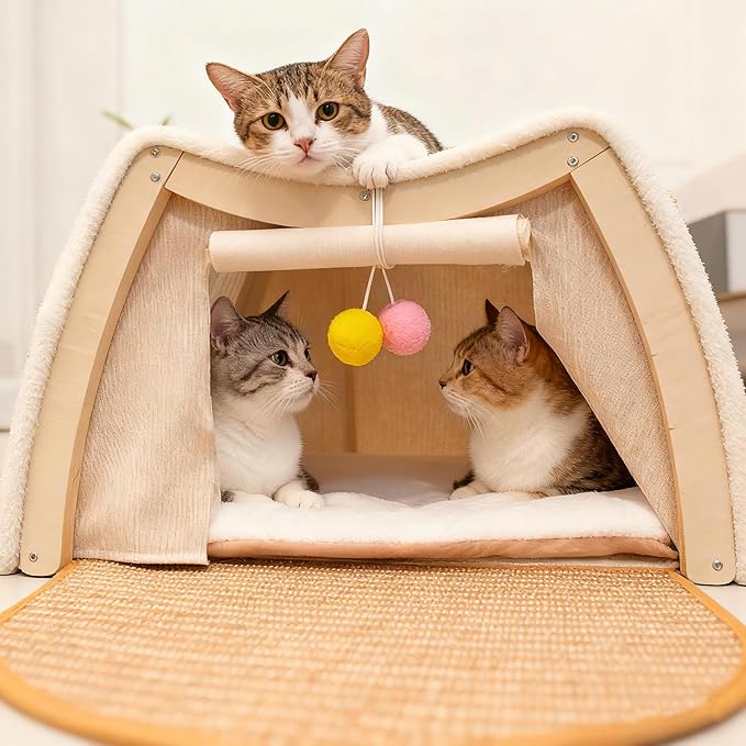 Cat Houses for Indoor Cats - 4 Seasons Cat Bed Cave with Natural Sisal Cat Scratcher Mat, Solid Wood Frame Cat House with Curtains and Cat Floor Scratching Pad Rug, Protect Couch and Carpets, M