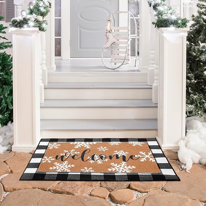 Tinideya 2 Pcs Winter Door Mat Outdoor Snowflake Welcome Mats for Front Door Non Slip Winter Coir Doormat Layering Black White Check Rug for Outside Front Porch Entryway Decor