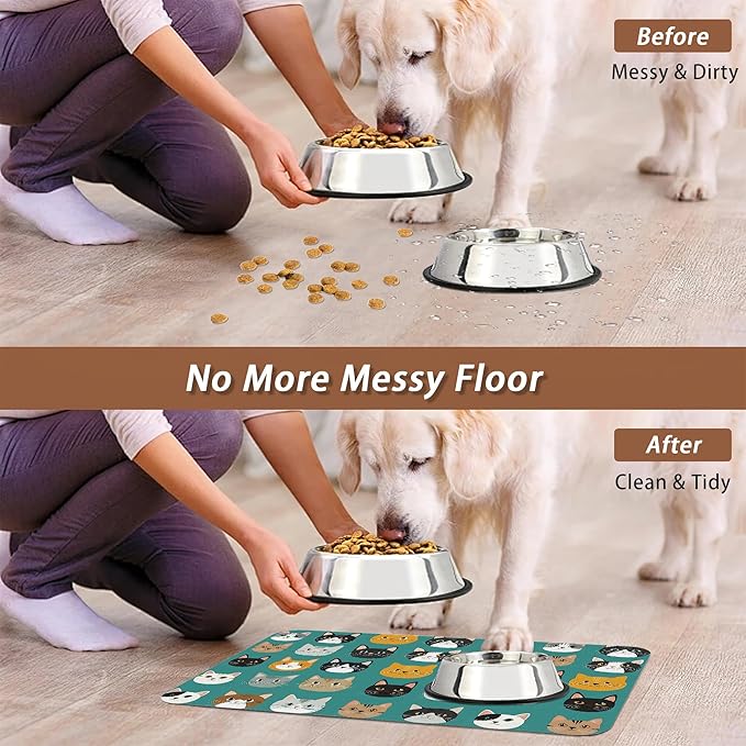 Cute Cat Dog Food Mat,Absorbent Pet Feeding Mat with Rubber Backing,Non-Slip Water Bowl Placemat,Indoor Pet Accessories Supplies 16"x24"