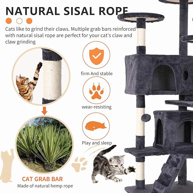 Cat Tree for Indoor Cats, Multi-Level Cat Tower with Scratching Posts & Cozy Condo, Space Saving Cat Activity Center, Durable Pet Play House (54in,Ashy)