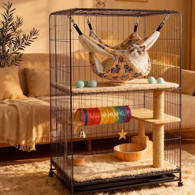 Cat Hammock for Cage, Soft Warm Hanging Bed for Kitten, Guinea Pig, Ferret, Rat, Chinchilla and Other Small Pets, Cozy Bunkbed 13.39"x13.39"