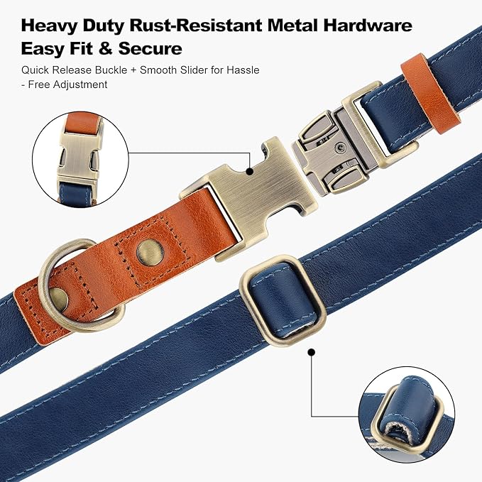 Plutus Pet Genuine Leather & Hemp Dog Collar – Adjustable Heavy Duty Pet Collar with Quick Release Metal Buckle, Soft & Stylish for Puppy and Small, Medium, Large Dogs (Royal Blue, M)