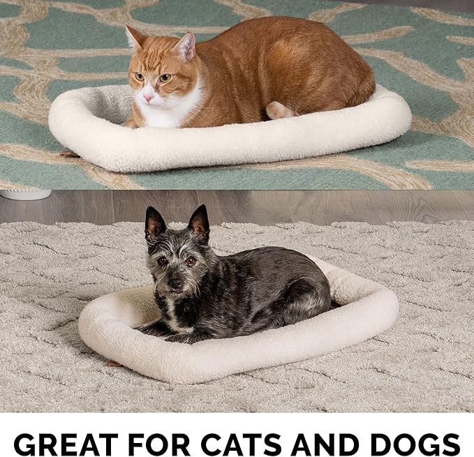 FurHaven Dog Bed for Small Dogs & Cats, Bolster Crate Pad with Soft Supportive Base for Carriers & Kennels, Machine Washable, Small, Sherpa Fleece, Cream