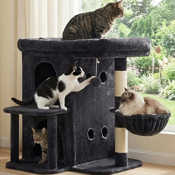 Heybly Cat Tree, 25.6-inch Cat Tower with Spacious Top Perch for Large Cats, Stair-Style Cat House Furniture with Dual-Layer Condos, Sisal Scratching Posts, Cozy Basket & Pompom, Smoky Gray HCT204SG