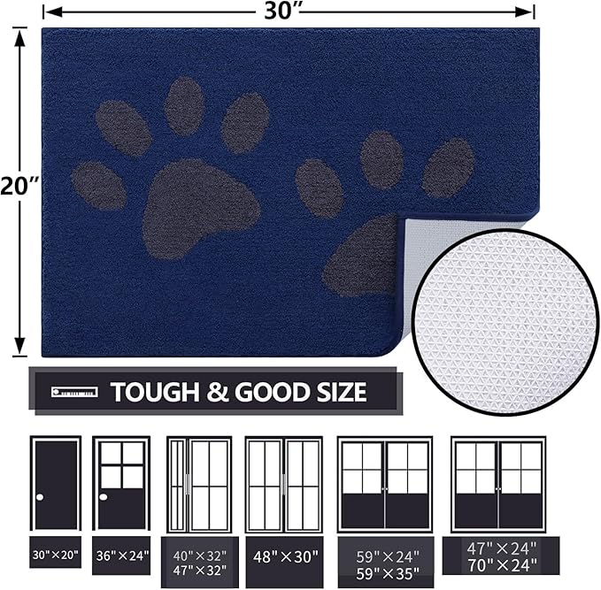 Buganda Dog Door Mat for Muddy Paws, Absorbent Dirt Trapper Washable Indoor Doormats, Non Slip Low-Profile Mud Mat for Dogs, Front Entrance Doormat for Inside Floor (36x24 Inches, Navy)