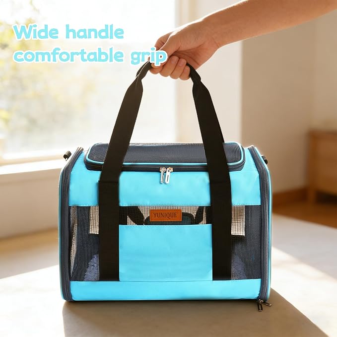 YUNIQUE Soft-Sided Cat & Dog Carrier for Pets Up to 15 Lbs, Airline Approved Collapsible Travel Puppy Carrier with Lightweight Fabric Design (Blue)