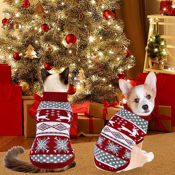 Cat Dog Christmas Sweater Pet Winter Warm Coat Pajamas Small Dog Sweaters Reindeer Snowflake Christmas Sweater for Large Cats Small Dogs (Reindeer, L)