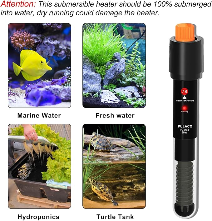 PULACO 50Watt Aquarium Heater for 6-15 Gallon Fish Tank, Adjustable Submersible Heater Thermostat with Thermometer Strip and Suction Cup