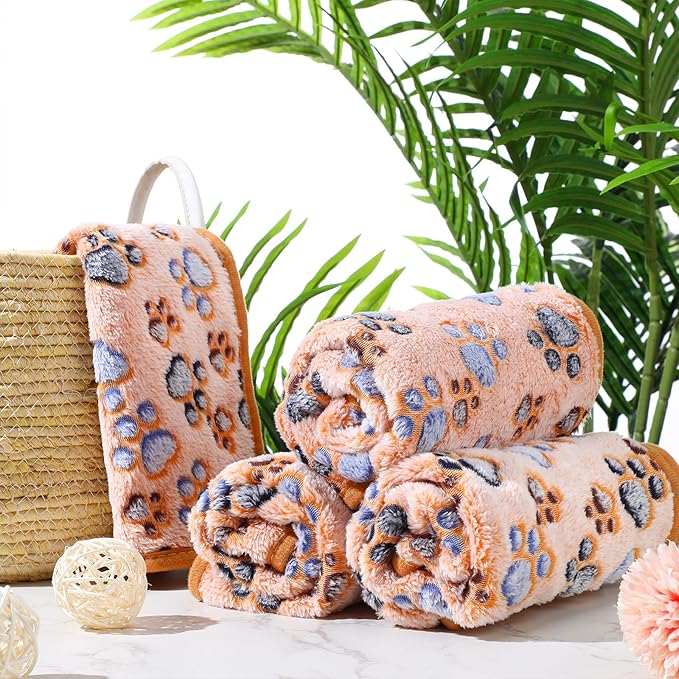 Tatuo 4 Pcs Dog Blanket for Pet Cat Blankets Indoor Puppy Teething Stuff Toys Paw Print Fleece Soft Blanket Sleep Mat for Guinea Pig Cage(Coffee,X-Large(41 x 30 Inch),Square)